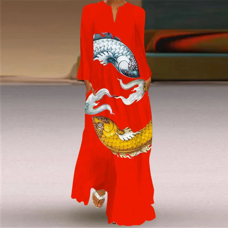 EP | 2024 Européenne et Américaine Transfrontalière Femme Nouvelle Robe Col en V Manches Longues Sexy Imprimé Grand Sac Robe Commerce Extérieur