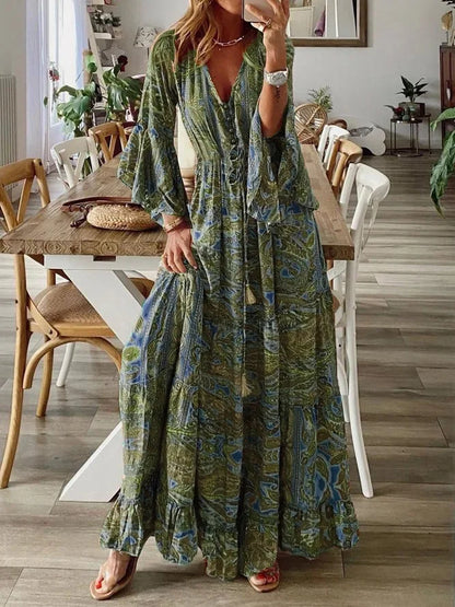 EP | 2023Croix Border style bohème manches évasées imprimé v-cou robe de vacances cintrée haute avec robe florale pour les femmes