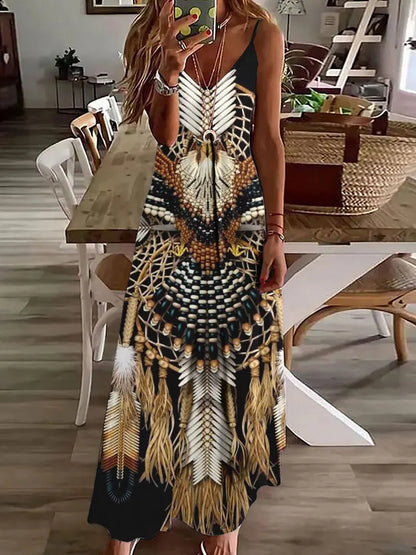 EP | 2024 Nouveau 3D Hibou Impression Vintage Gilet sans manches Longue Femme Motif Tribal Robe Spaghetti Bretelles Eté Longue Robe Gilet Libre