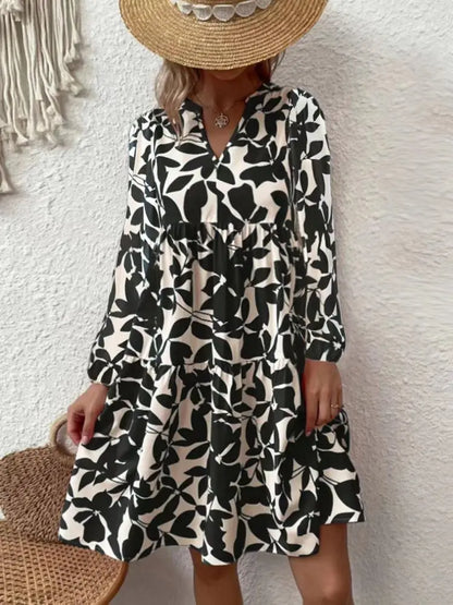 EP | 2024 Femme Eté Elégant Col V Ligne Plissée Robe de Soleil Boho Imprimé Mini-robe Décontractée Grande Taille Plage Robe de Soleil