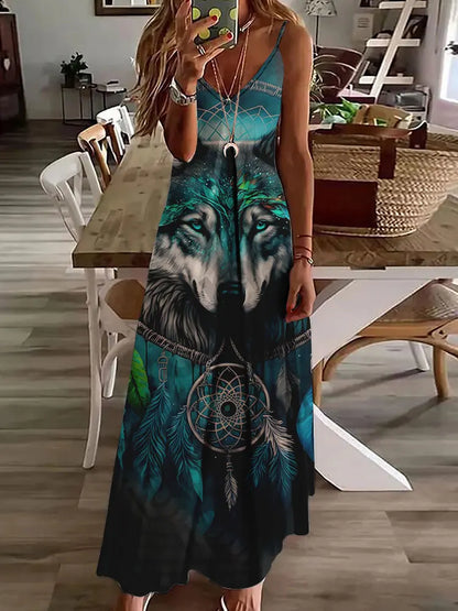 EP | 2024 Nouveau 3D Hibou Impression Vintage Gilet sans manches Longue Femme Motif Tribal Robe Spaghetti Bretelles Eté Longue Robe Gilet Libre