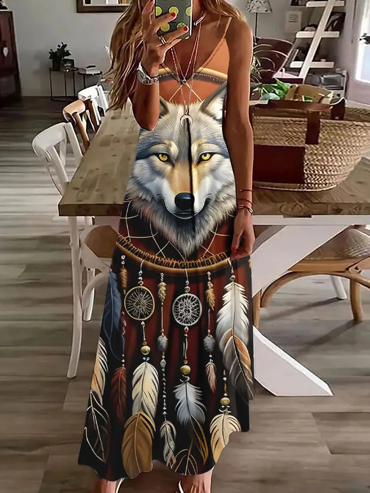 EP | 2024 Nouveau 3D Hibou Impression Vintage Gilet sans manches Longue Femme Motif Tribal Robe Spaghetti Bretelles Eté Longue Robe Gilet Libre
