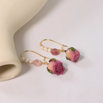Pearl & Rose Drop Earrings