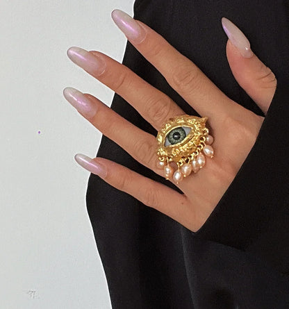 Statement Gold Eye Tassel Ring