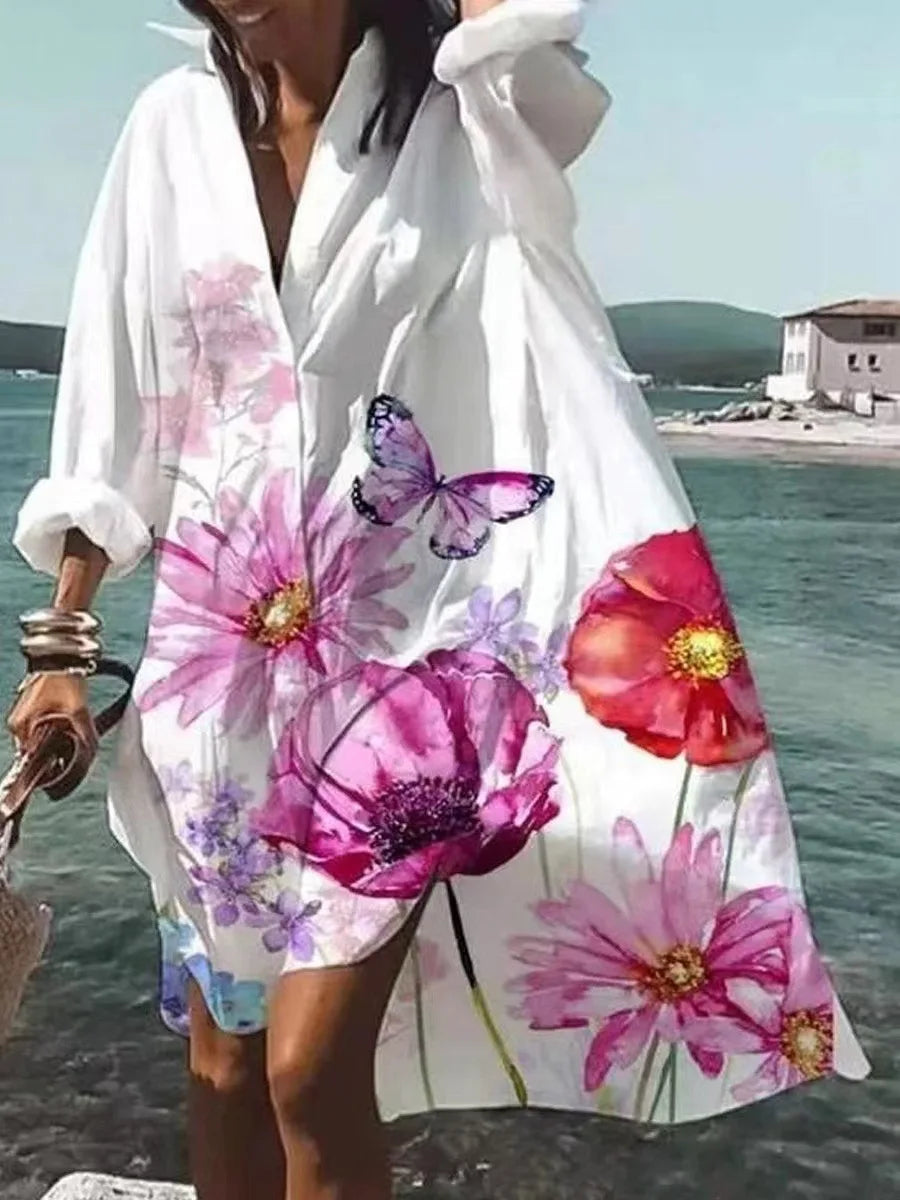EP | Automne Robe 2024 Nouvelle Mode Loisirs Grace Imprimé Revers Manches Longues Lâche Fête Plage Chemise Femmes Robes MsChuh