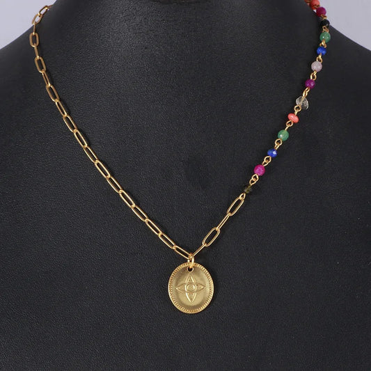 European and American Jewelry Retro Fashionable Metal Disc Flower Rainbow Beaded Chain Asymmetric Necklace