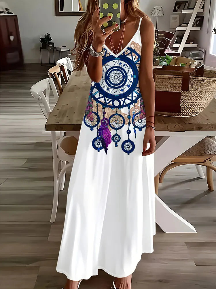 EP | 2024 New Vintage Ethnic Print Ladies Elégante robe d'été Ladies Casual Robe sans manches Street Fashion Ladies Long Dress