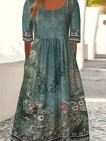 EP | 2025 été nouvelles femmes bohème lâche mode d'impression col rond manches courtes robe longue