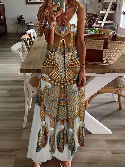 EP | 2024 Nouveau 3D Hibou Impression Vintage Gilet sans manches Longue Femme Motif Tribal Robe Spaghetti Bretelles Eté Longue Robe Gilet Libre