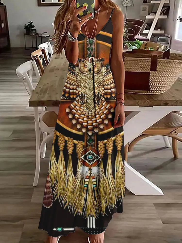 EP | 2024 Nouveau 3D Hibou Impression Vintage Gilet sans manches Longue Femme Motif Tribal Robe Spaghetti Bretelles Eté Longue Robe Gilet Libre