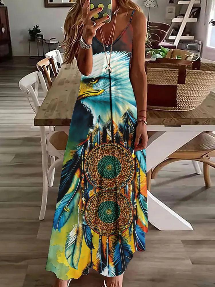 EP | 2024 Nouveau 3D Hibou Impression Vintage Gilet sans manches Longue Femme Motif Tribal Robe Spaghetti Bretelles Eté Longue Robe Gilet Libre