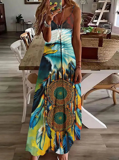 EP | 2024 Nouveau 3D Hibou Impression Vintage Gilet sans manches Longue Femme Motif Tribal Robe Spaghetti Bretelles Eté Longue Robe Gilet Libre