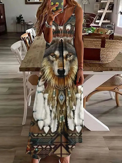 EP | 2024 Nouveau 3D Hibou Impression Vintage Gilet sans manches Longue Femme Motif Tribal Robe Spaghetti Bretelles Eté Longue Robe Gilet Libre