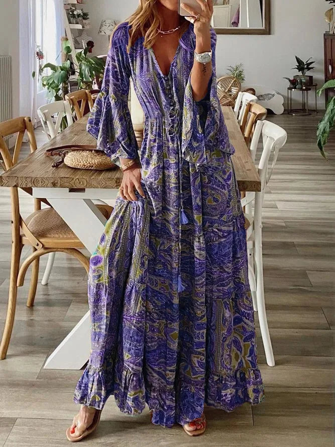 EP | 2023Croix Border style bohème manches évasées imprimé v-cou robe de vacances cintrée haute avec robe florale pour les femmes