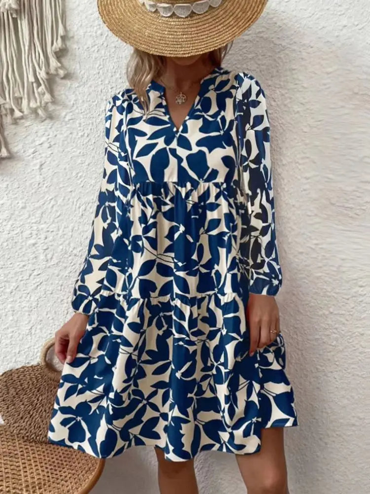 EP | 2024 Femme Eté Elégant Col V Ligne Plissée Robe de Soleil Boho Imprimé Mini-robe Décontractée Grande Taille Plage Robe de Soleil