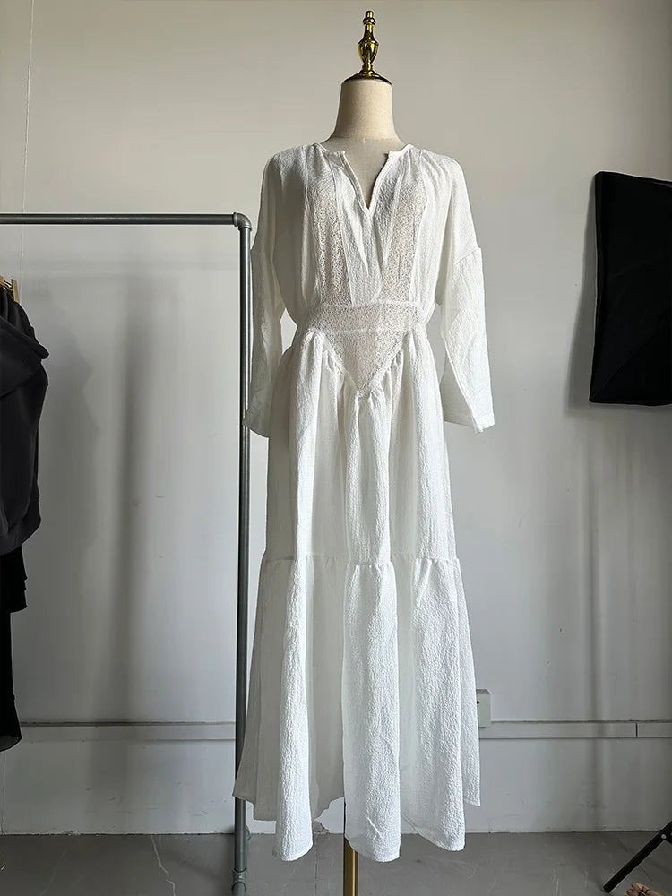 EP | 2025 Nouvelle Femme Printemps Solid Loose Ethnique Robe de Fête Casual Manches Longues Vintage Robe de Plage Sexy V Col Dentelle Hollow Longue Robe