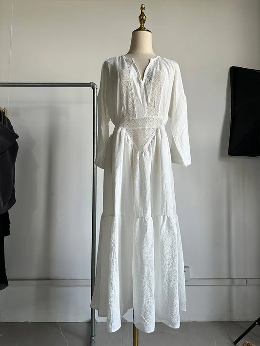 EP | 2025 Nouvelle Femme Printemps Solid Loose Ethnique Robe de Fête Casual Manches Longues Vintage Robe de Plage Sexy V Col Dentelle Hollow Longue Robe