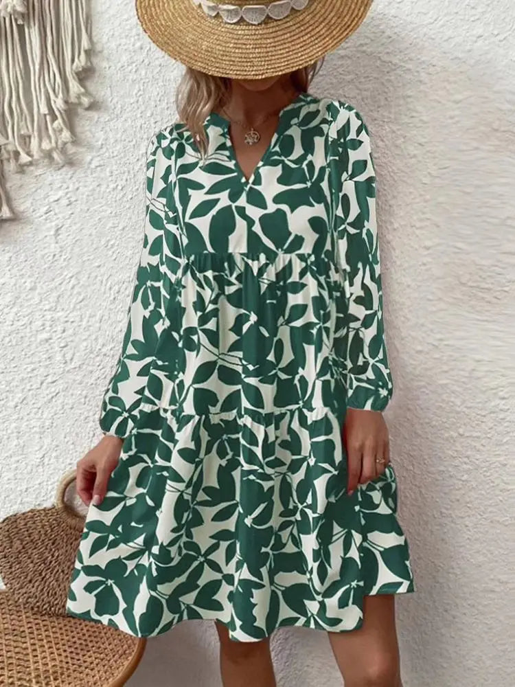 EP | 2024 Femme Eté Elégant Col V Ligne Plissée Robe de Soleil Boho Imprimé Mini-robe Décontractée Grande Taille Plage Robe de Soleil
