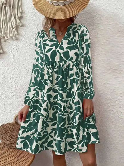 EP | 2024 Femme Eté Elégant Col V Ligne Plissée Robe de Soleil Boho Imprimé Mini-robe Décontractée Grande Taille Plage Robe de Soleil