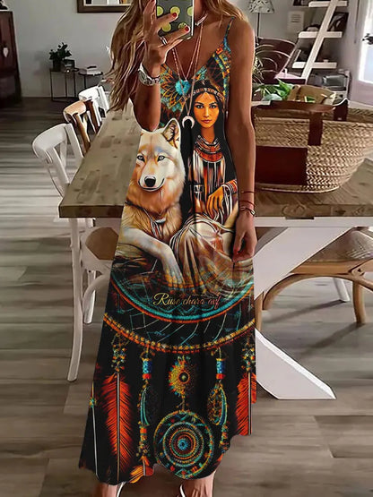 EP | 2024 Nouveau 3D Hibou Impression Vintage Gilet sans manches Longue Femme Motif Tribal Robe Spaghetti Bretelles Eté Longue Robe Gilet Libre