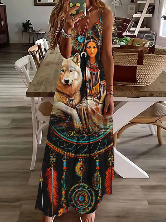 EP | 2024 Nouveau 3D Hibou Impression Vintage Gilet sans manches Longue Femme Motif Tribal Robe Spaghetti Bretelles Eté Longue Robe Gilet Libre