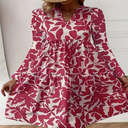 EP | 2024 Femme Eté Elégant Col V Ligne Plissée Robe de Soleil Boho Imprimé Mini-robe Décontractée Grande Taille Plage Robe de Soleil