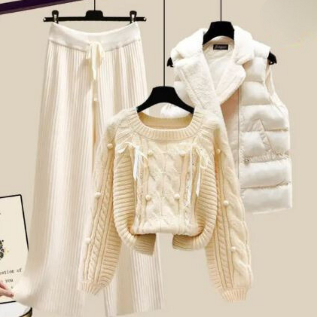 LM | Three-piece women's vest jacket, loose sweater and wide trouser legs