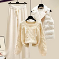LM | Three-piece women's vest jacket, loose sweater and wide trouser legs