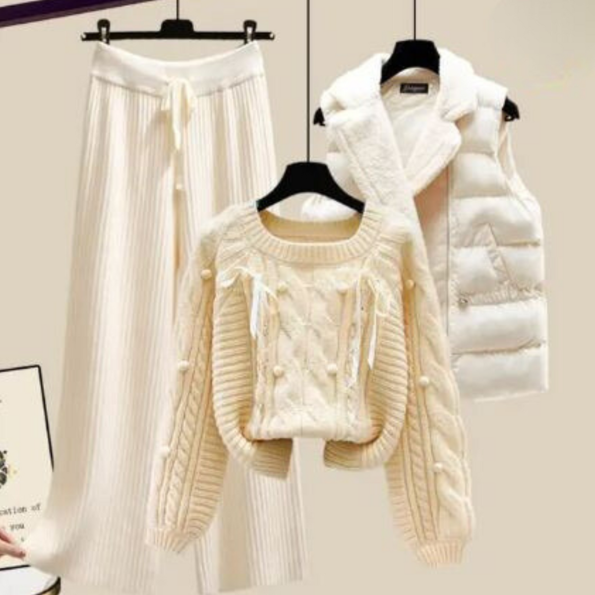 LM | Three-piece women's vest jacket, loose sweater and wide trouser legs