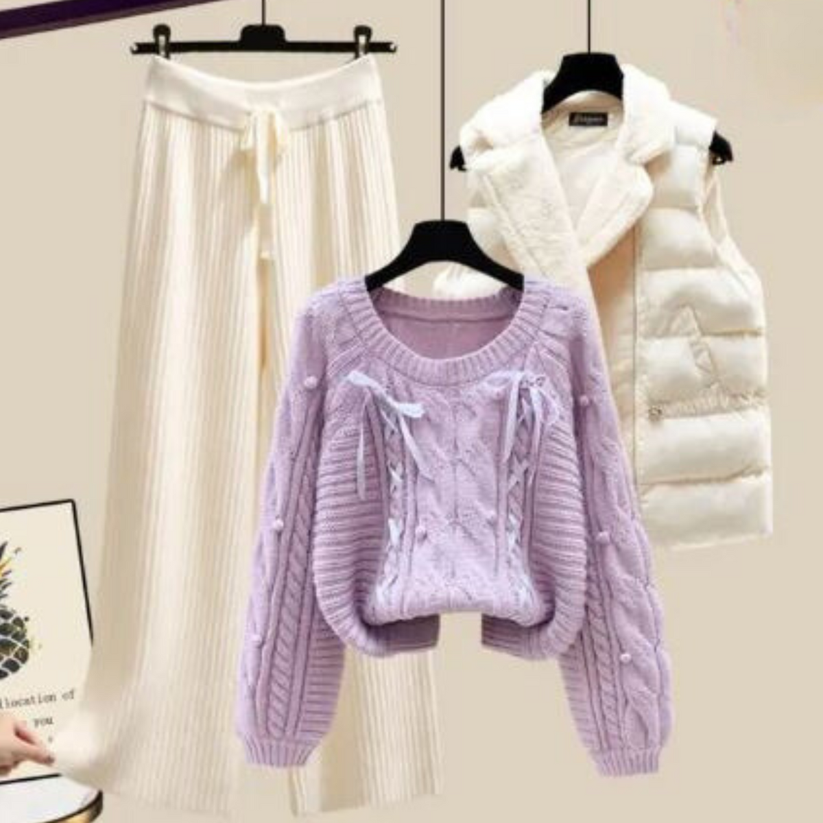 LM | Three-piece women's vest jacket, loose sweater and wide trouser legs