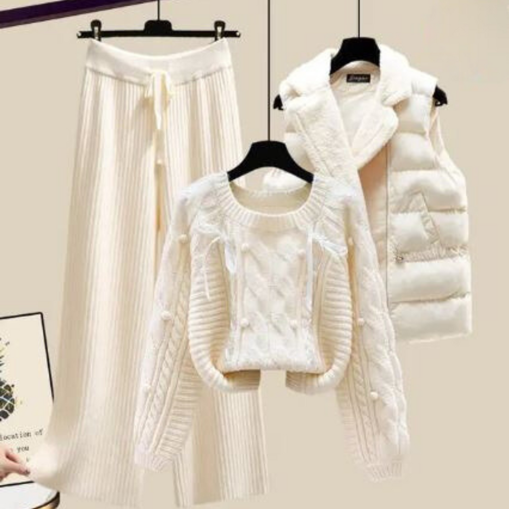 LM | Three-piece women's vest jacket, loose sweater and wide trouser legs