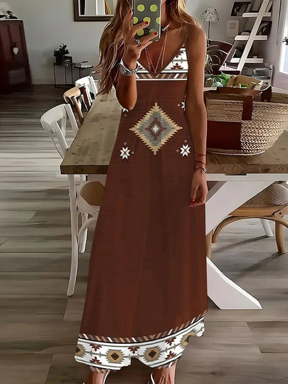 EP | 2024 New Vintage Ethnic Print Ladies Elégante robe d'été Ladies Casual Robe sans manches Street Fashion Ladies Long Dress