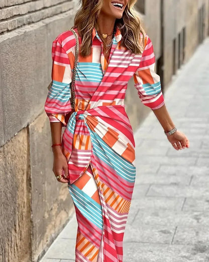 EP | 2024 AliExpress européenne et américaine transfrontalière nouvelle mode imprimée col de chemise laçage Midi robe rayée