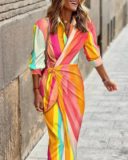 EP | 2024 AliExpress européenne et américaine transfrontalière nouvelle mode imprimée col de chemise laçage Midi robe rayée