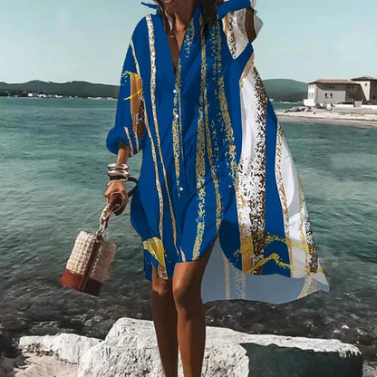 EP | Automne Robe 2024 Nouvelle Mode Loisirs Grace Imprimé Revers Manches Longues Lâche Fête Plage Chemise Femmes Robes MsChuh