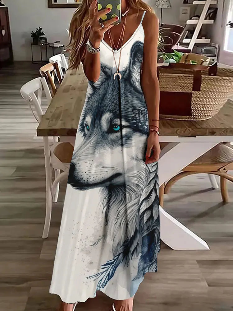 EP | 2024 Nouveau 3D Hibou Impression Vintage Gilet sans manches Longue Femme Motif Tribal Robe Spaghetti Bretelles Eté Longue Robe Gilet Libre
