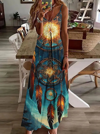 EP | 2024 Nouveau 3D Hibou Impression Vintage Gilet sans manches Longue Femme Motif Tribal Robe Spaghetti Bretelles Eté Longue Robe Gilet Libre