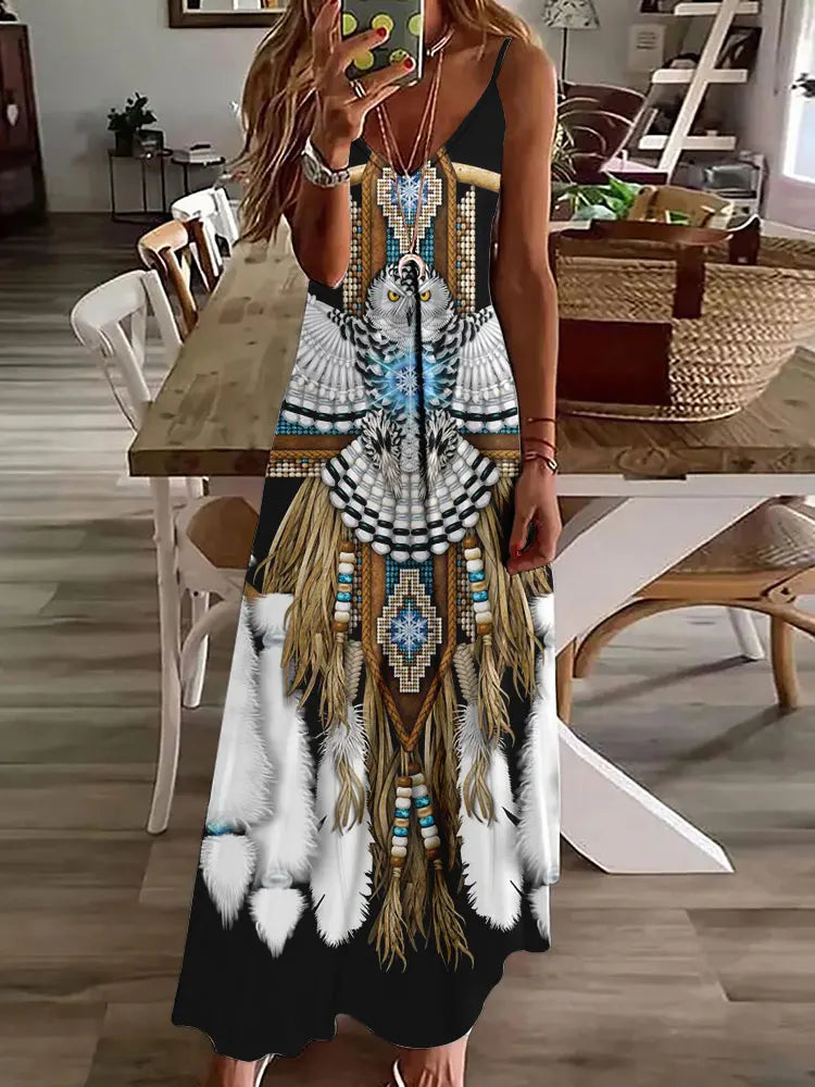 EP | 2024 Nouveau 3D Hibou Impression Vintage Gilet sans manches Longue Femme Motif Tribal Robe Spaghetti Bretelles Eté Longue Robe Gilet Libre