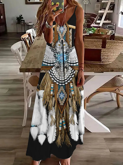 EP | 2024 Nouveau 3D Hibou Impression Vintage Gilet sans manches Longue Femme Motif Tribal Robe Spaghetti Bretelles Eté Longue Robe Gilet Libre