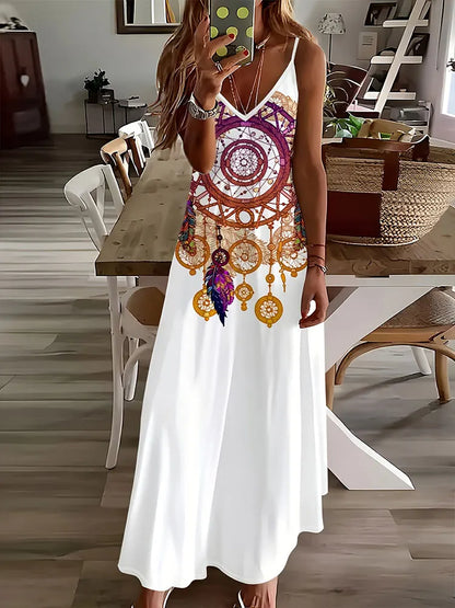 EP | 2024 New Vintage Ethnic Print Ladies Elégante robe d'été Ladies Casual Robe sans manches Street Fashion Ladies Long Dress