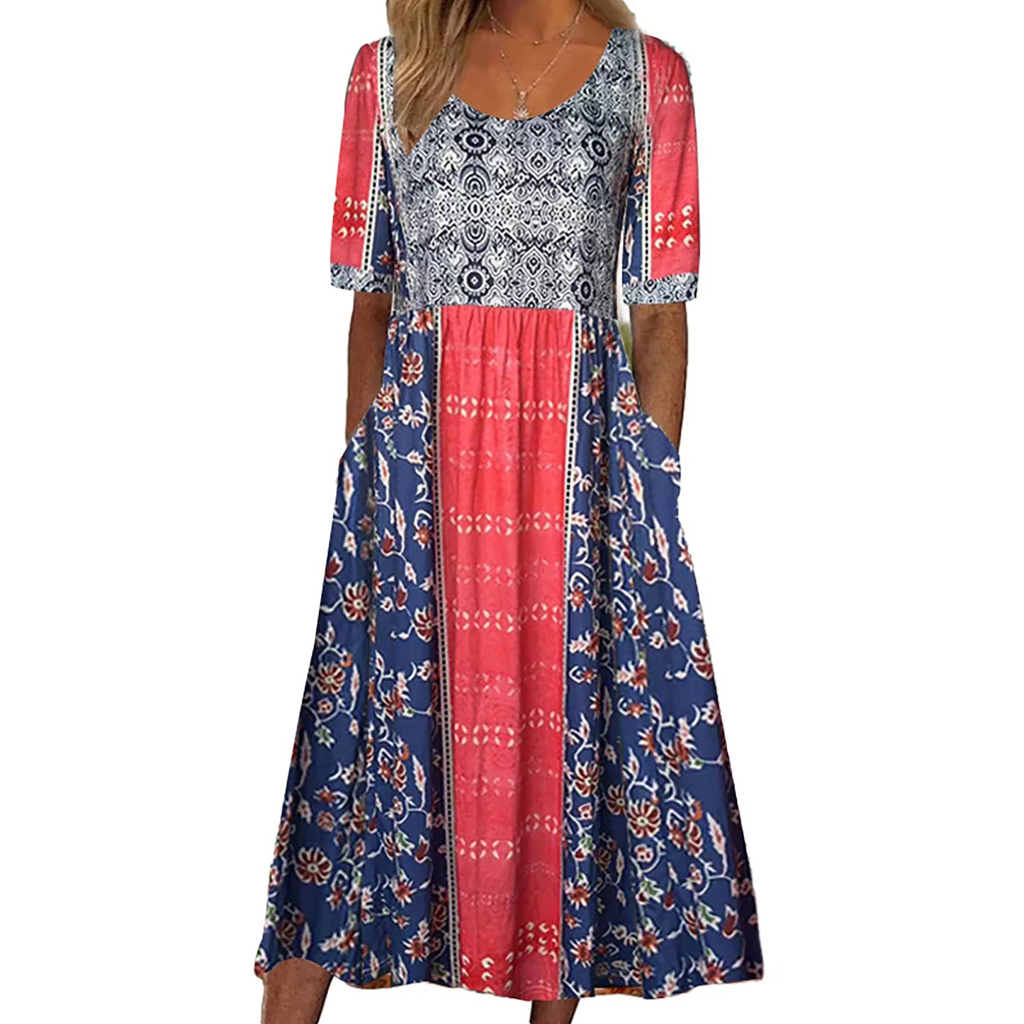 EP | 2025 été nouvelles femmes bohème lâche mode d'impression col rond manches courtes robe longue
