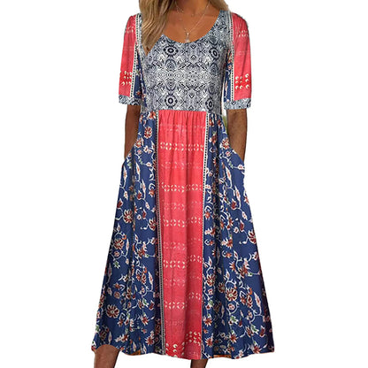 EP | 2025 été nouvelles femmes bohème lâche mode d'impression col rond manches courtes robe longue