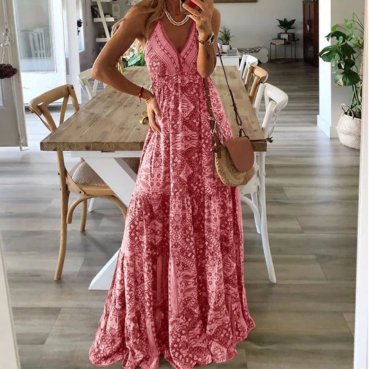 EP | BAMBOOBOY Femmes Col V Fête Longue Robe Vintage Imprimé Bohème Plage Elégante Sans Manches Spaghetti Strap Sexy Maxi Sundress