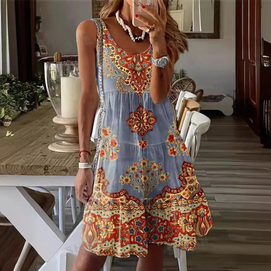 EP | 2024 Nouveau européen et américain d'été imprimé sans manches col V robe gilet de mode de vacances robe imprimée pour les femmes