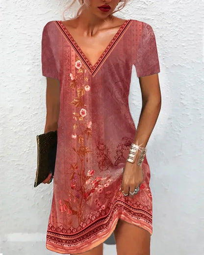 EP | 2024 Femmes Robe d'été Boho Col V Manches courtes Vintage Imprimé Robe Fleur Femme Casual Holiday Beach Loose Dresses Vestidos