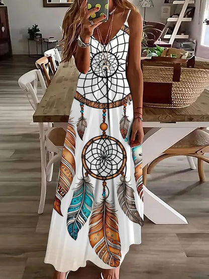 EP | 2024 Nouveau 3D Hibou Impression Vintage Gilet sans manches Longue Femme Motif Tribal Robe Spaghetti Bretelles Eté Longue Robe Gilet Libre