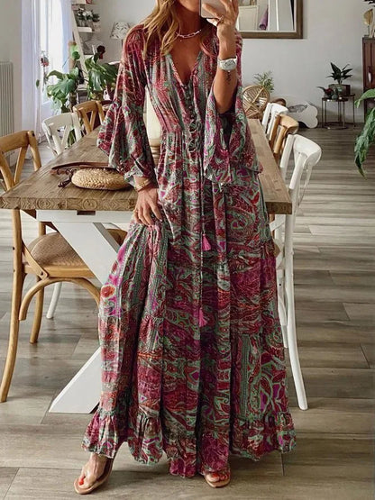 EP | 2023Croix Border style bohème manches évasées imprimé v-cou robe de vacances cintrée haute avec robe florale pour les femmes