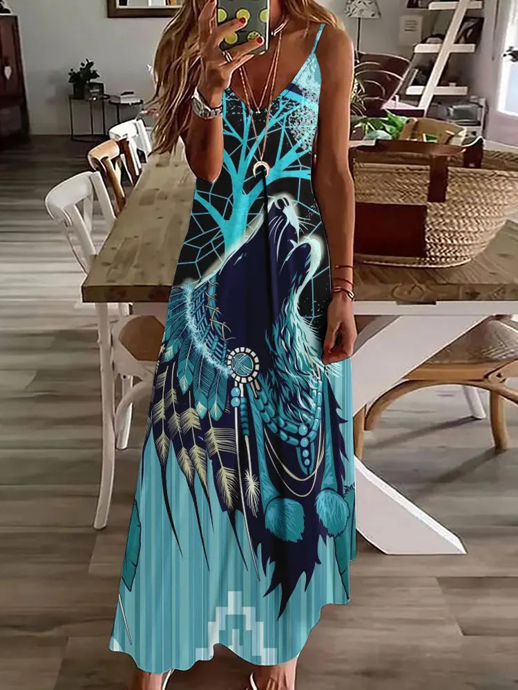 EP | 2024 Nouveau 3D Hibou Impression Vintage Gilet sans manches Longue Femme Motif Tribal Robe Spaghetti Bretelles Eté Longue Robe Gilet Libre