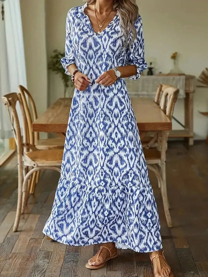 EP | 2024 européenne et américaine transfrontalière AliExpress automne et hiver fashionista douce lâche v-cou d'impression mi-manches robe longue