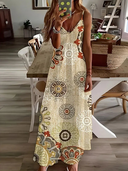 EP | 2024 New Vintage Ethnic Print Ladies Elégante robe d'été Ladies Casual Robe sans manches Street Fashion Ladies Long Dress